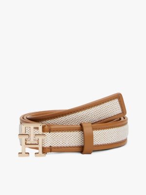 Logo Buckle Contrast-Trim Canvas Belt, Cognac