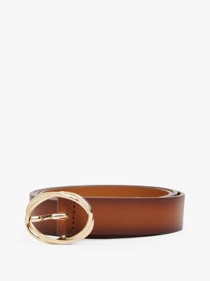 Oval Buckle Burnished Leather Belt, Cognac Burnished Edges