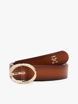 Oval Buckle Burnished Leather Belt, Cognac Burnished Edges