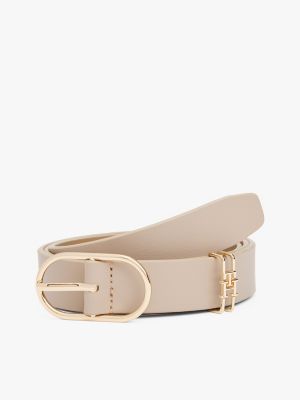 Oval Buckle Leather Belt, Classic Beige