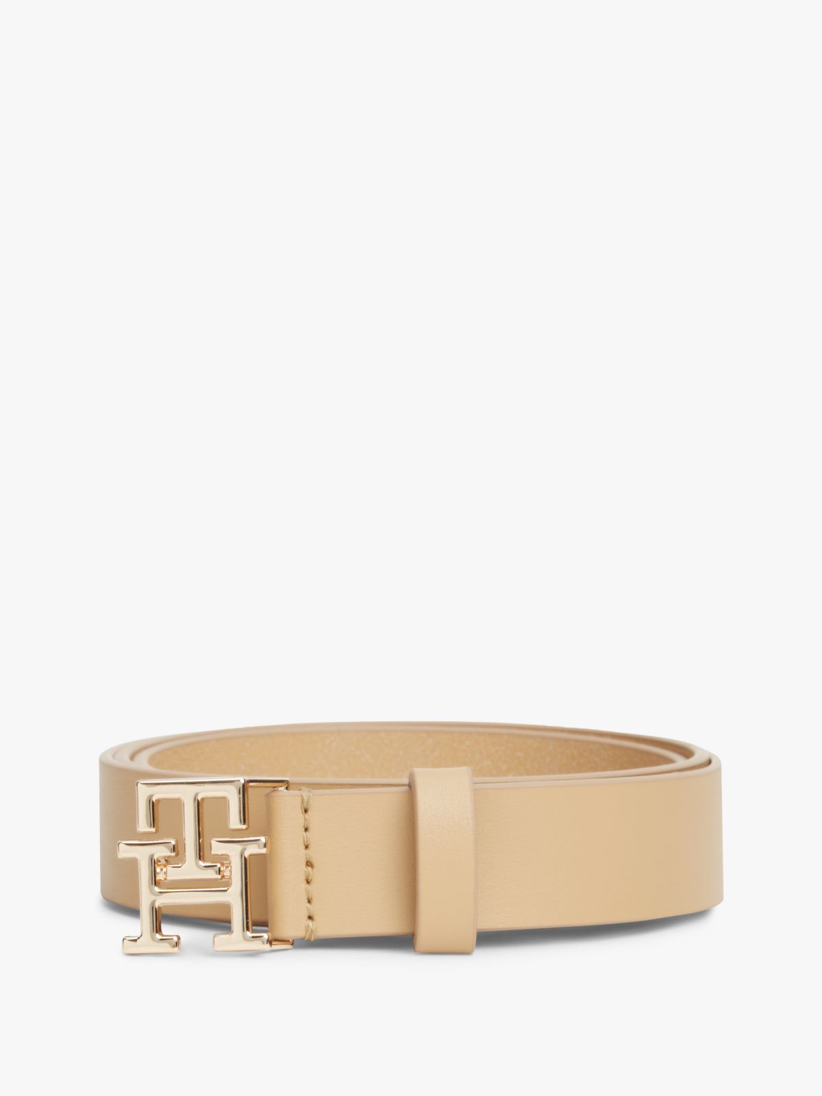 Monogram Buckle Leather Belt — Classic Khaki