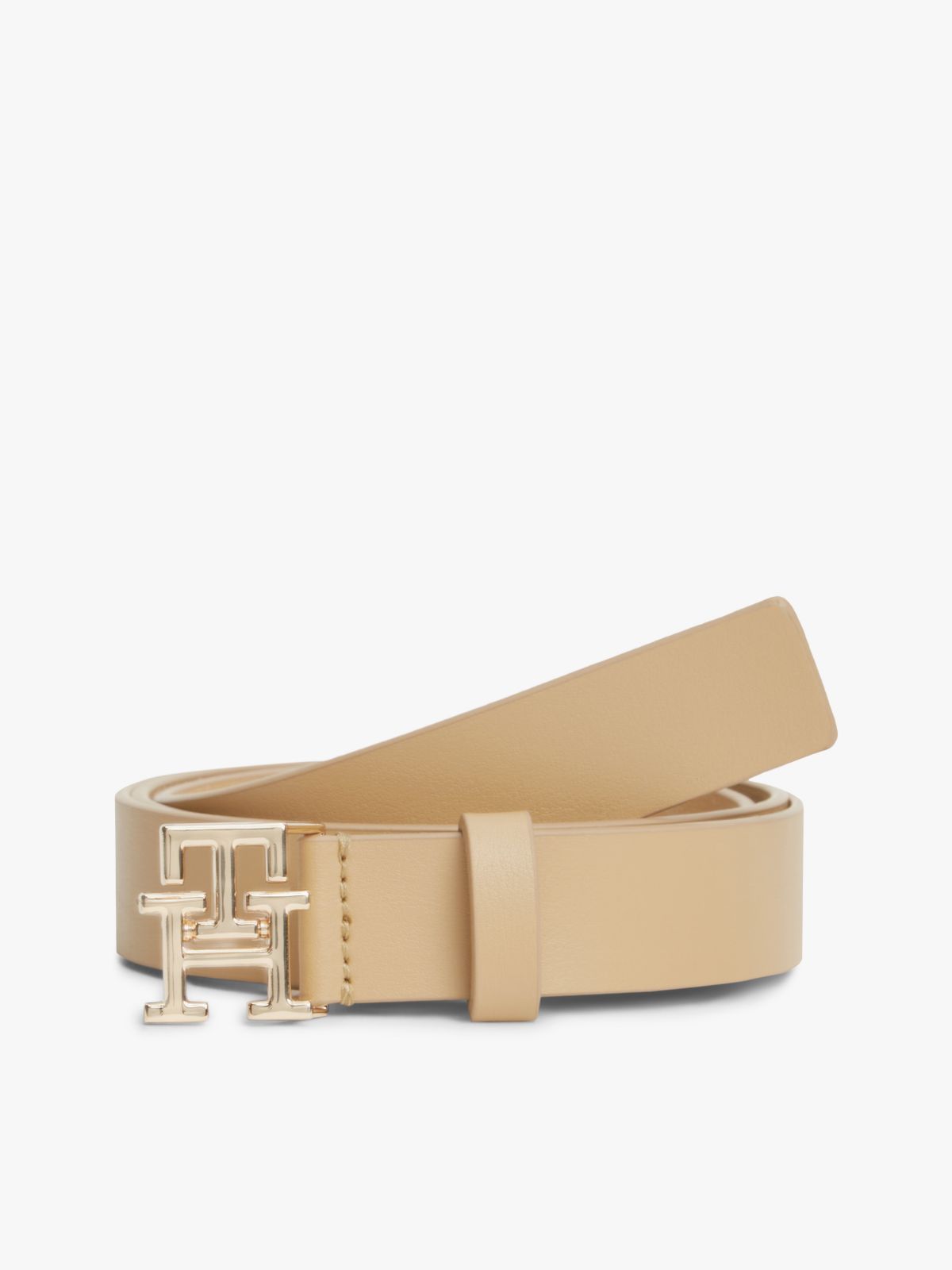 Monogram Buckle Leather Belt — Classic Khaki