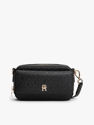 Embossed Allover Monogram Crossbody Bag, Black