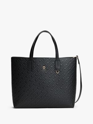 Embossed Allover Monogram Satchel, Black