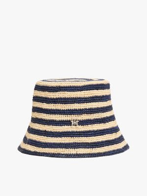 Stripe Straw Crochet Bucket Hat, Stripe Space Blue