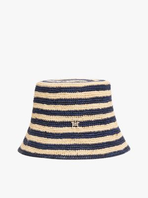 Stripe Straw Crochet Bucket Hat, Stripe Space Blue