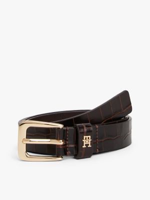Monogram Croc Embossed Leather Belt, Rich Walnut