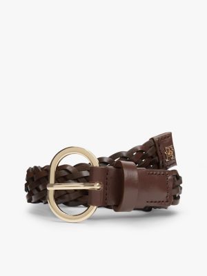 Oval Buckle Woven Leather Belt, Rich Walnut