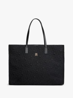 Topstitch Monogram Nylon Tote Bag, Black