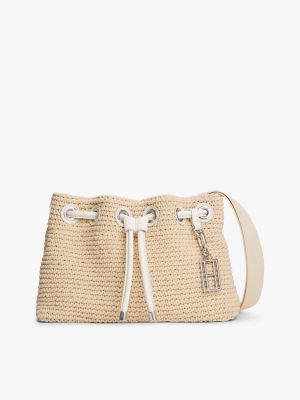 Crochet Drawstring Shoulder Bag, Ecru