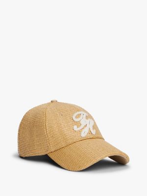Textured Monogram Cap, Natural Raffia