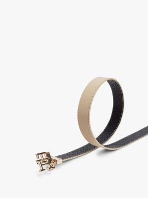 Monogram Buckle Reversible Leather Belt, Blue Monogram / Clayed Pebble