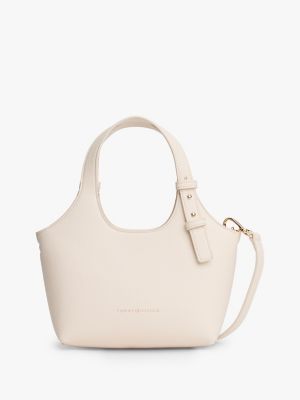 Metallic Logo Pebbled Mini Tote Bag, Soft Cream