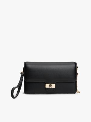 Monogram Clasp Pebbled Flap Clutch, Black