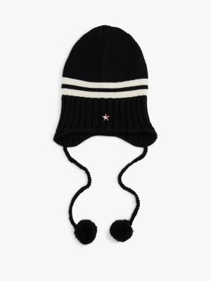Tommy Girl Chunky Knit Pom Beanie, Black / Creamy White