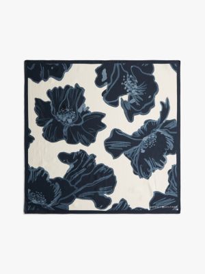 Large Graphic Print Silk Scarf, Navy Poppy Print