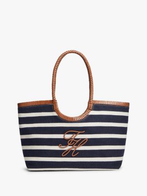 Script Monogram Breton Stripe Tote Bag, Stripe Blue/Cognac