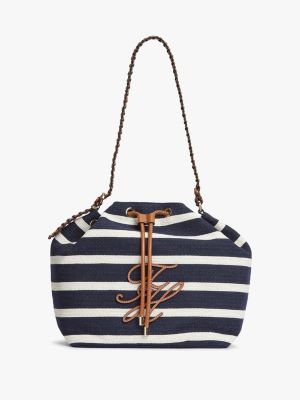 Script Monogram Breton Stripe Bucket Bag, Stripe Blue/Cognac