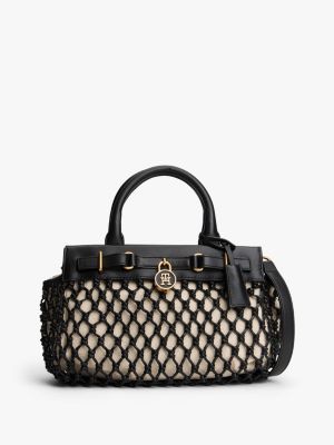 Macrame Leather Mini Tote Bag, Black/Canvas