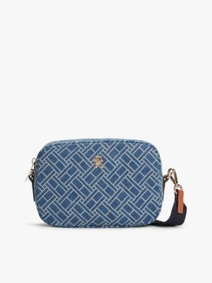 Allover Flag Print Denim Crossbody Bag, Blue Denim