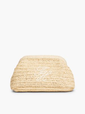 Script Monogram Raffia Clutch, Natural Raffia