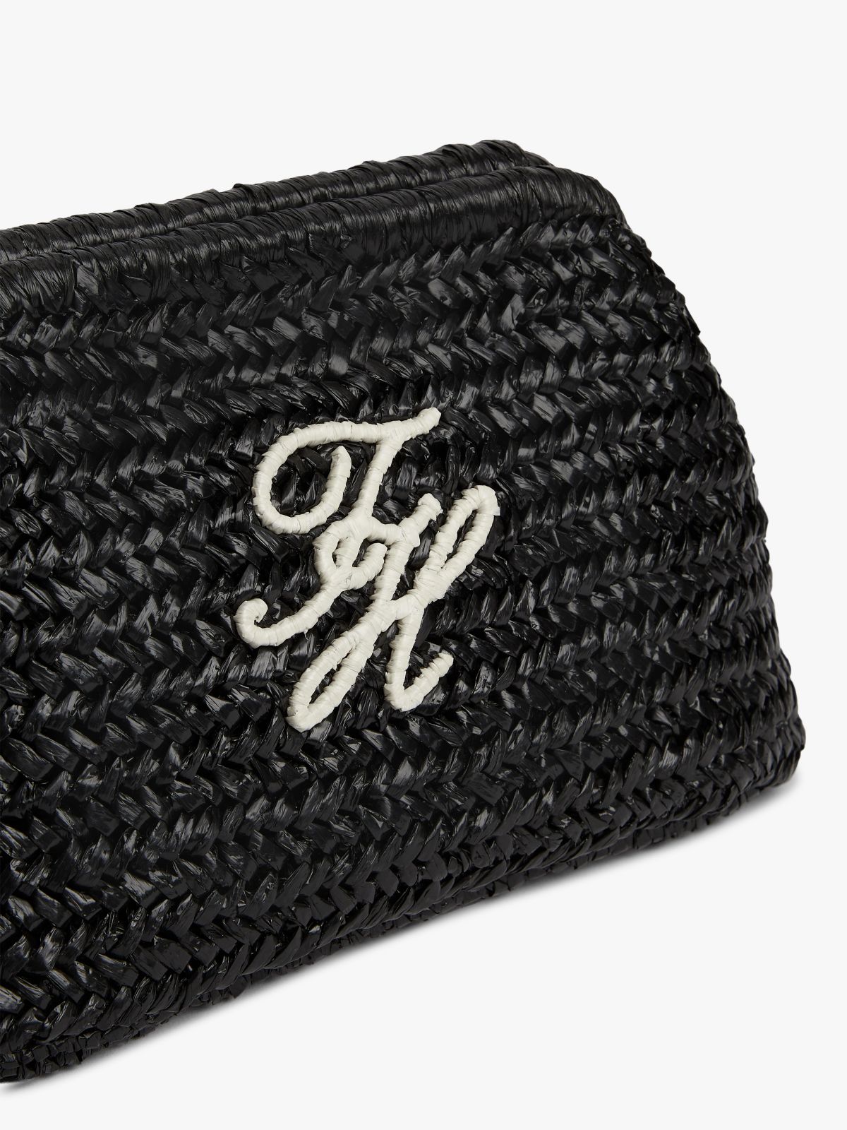 Script Monogram Raffia Clutch — Black Raffia