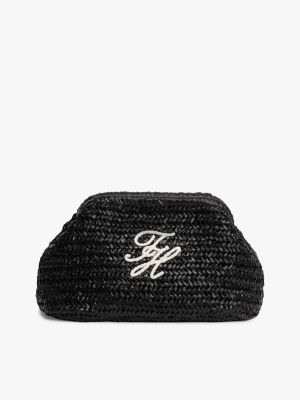 Script Monogram Raffia Clutch, Black Raffia