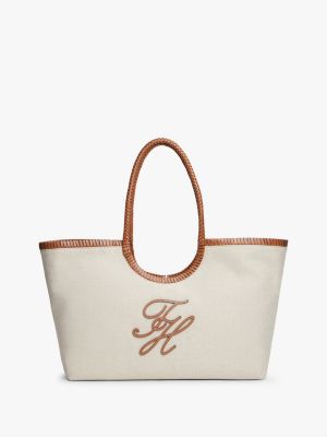 Script Monogram Linen Maxi Tote, Canvas/Cognac