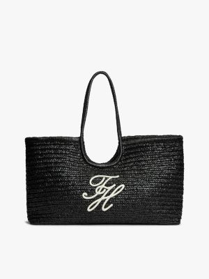 Script Monogram Raffia Maxi Tote, Black Raffia