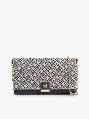 Monogram Clasp Jacquard Chain Crossbody, Blue Mono