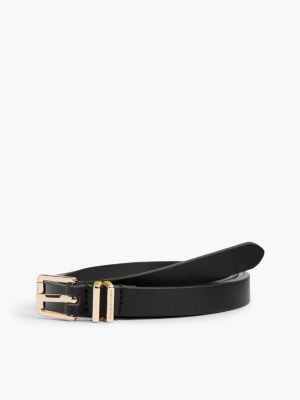 Square Buckle Slim Leather Belt, Black