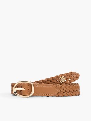 Slim Woven Leather Belt, Cognac