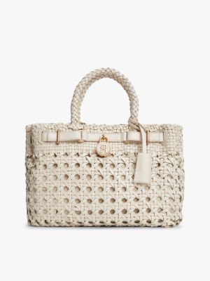 Woven Leather Mini Tote Bag, Soft Cream