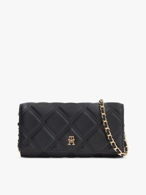 Quilted Chain Strap Flap Wallet, Black