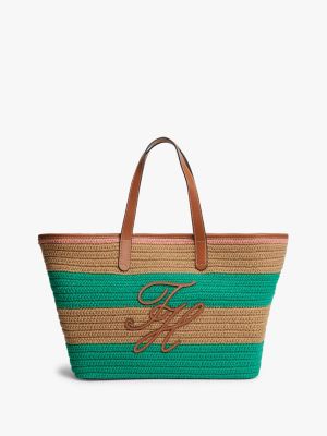 Nautical Striped Crochet Tote Bag, Green/Khaki