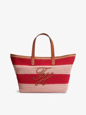 Nautical Striped Crochet Tote Bag, Pink/Red