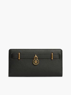 Pebbled Leather Long Bifold Wallet, Black