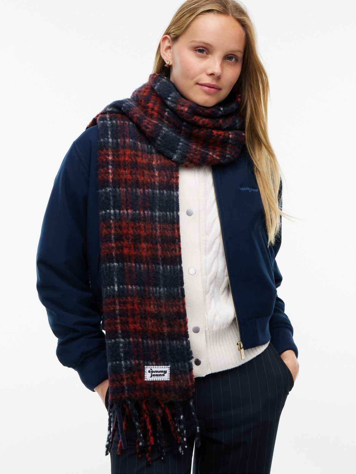 Tommy Jeans Plaid Wool-Blend Scarf — Red Check