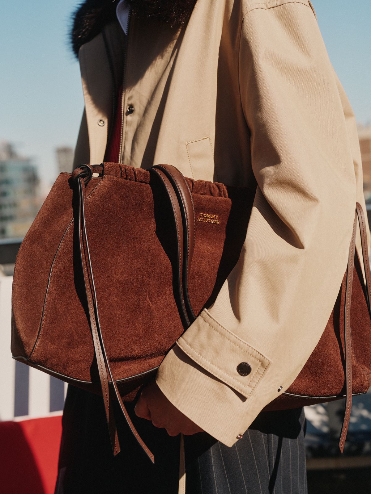 Gathered Suede Shoulder Bag — Fondant Brown