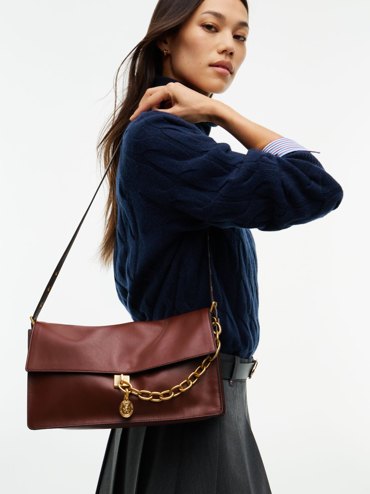 Chain Accent Leather Shoulder Bag — Oxblood