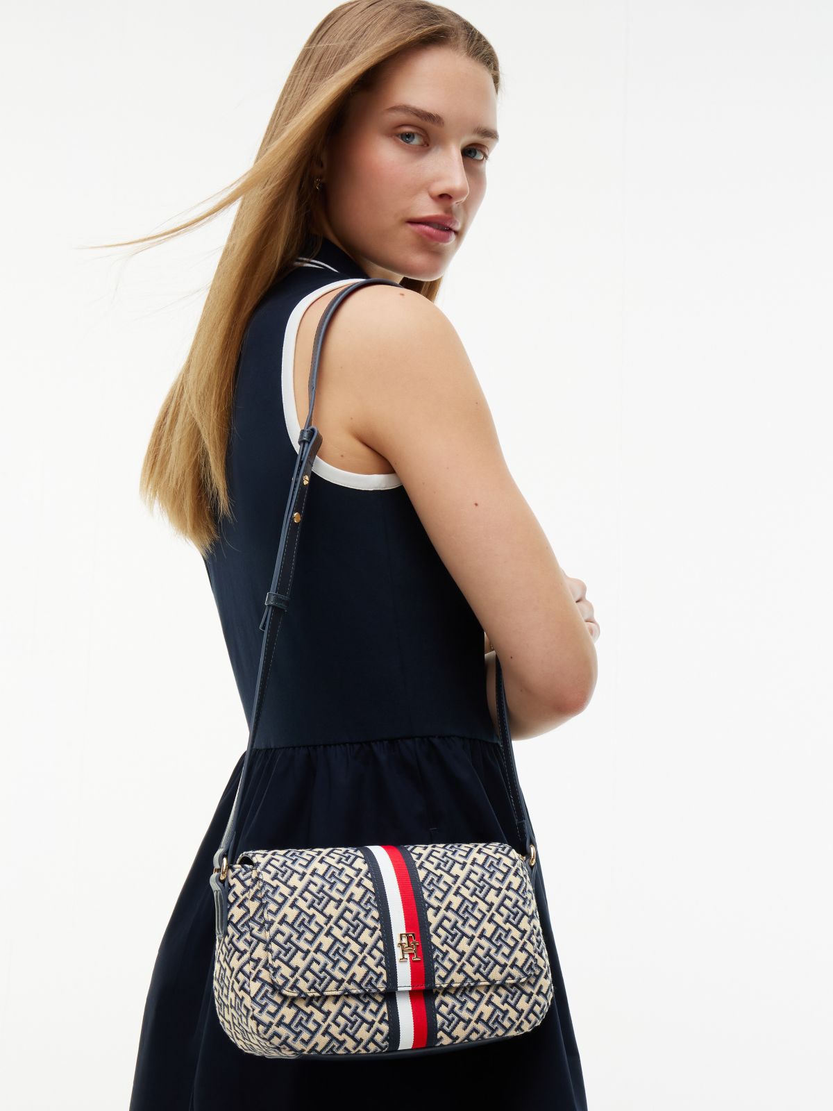 Signature Stripe Jacquard Crossbody Bag — Space Blue