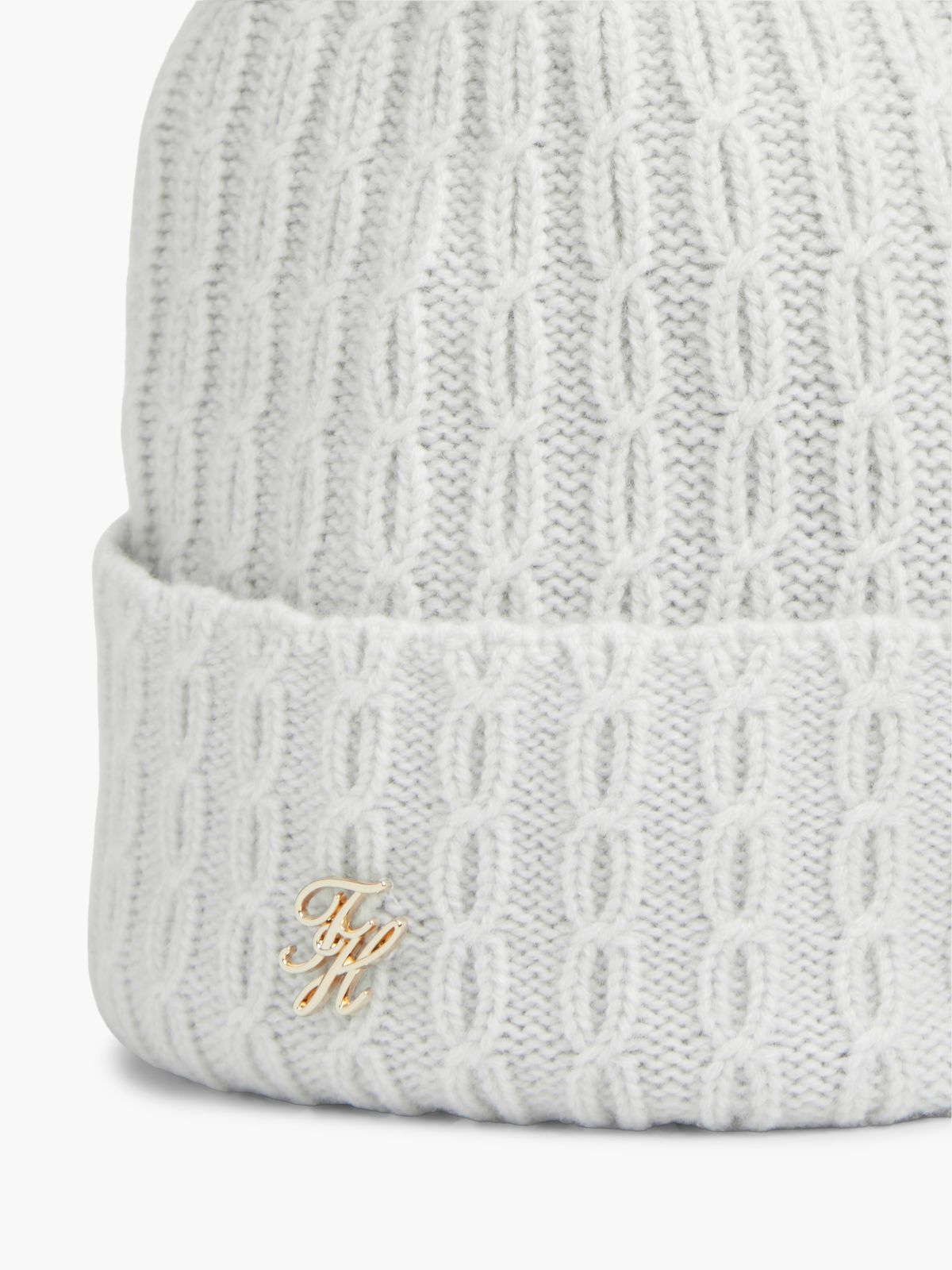Cable Knit Wool-Blend Pom Beanie — Light Cast