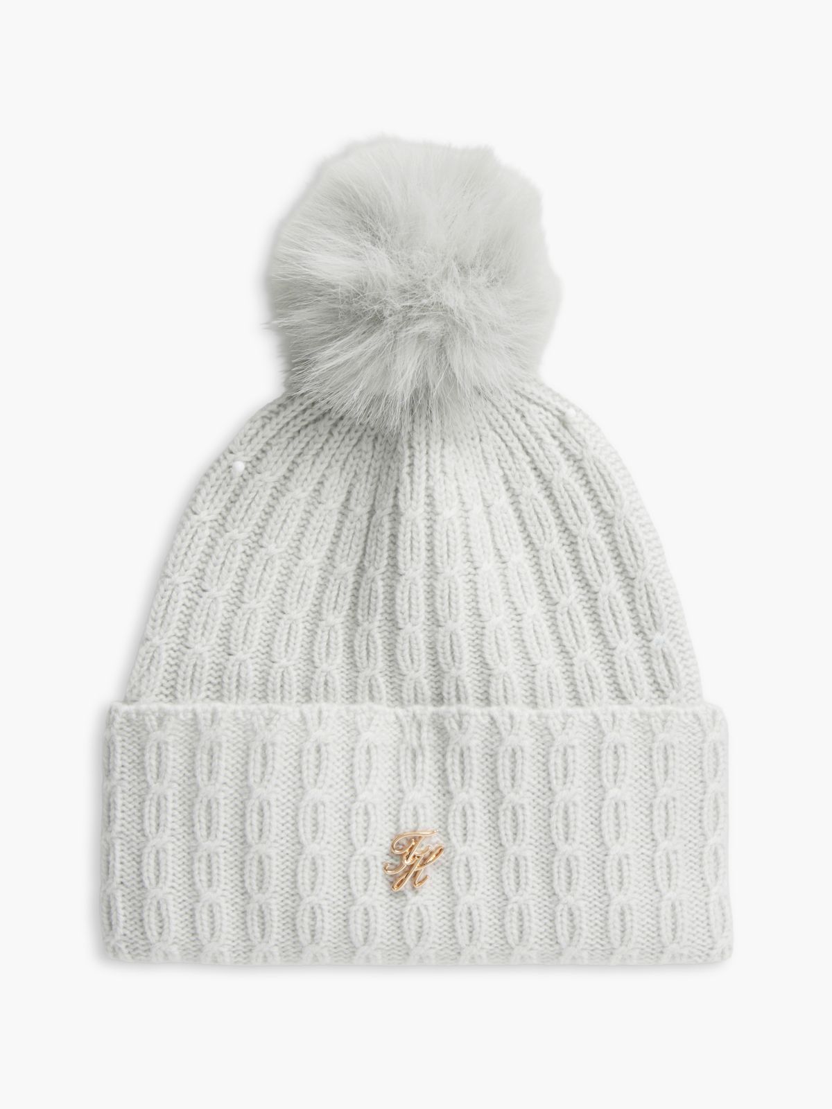 Cable Knit Wool-Blend Pom Beanie — Light Cast