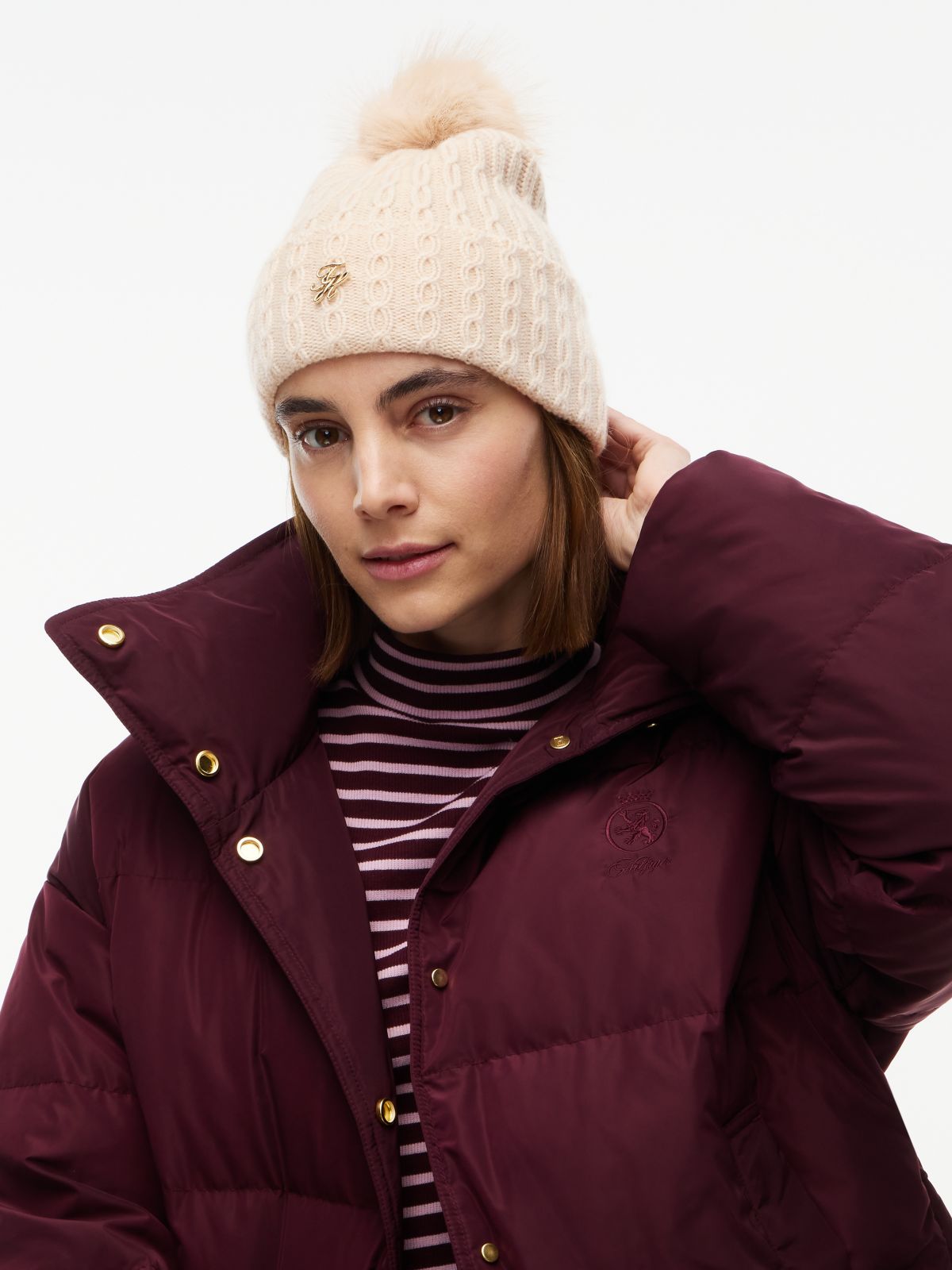 Cable Knit Wool-Blend Pom Beanie — Misty Blush