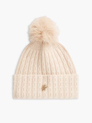 Cable Knit Wool-Blend Pom Beanie, Misty Blush