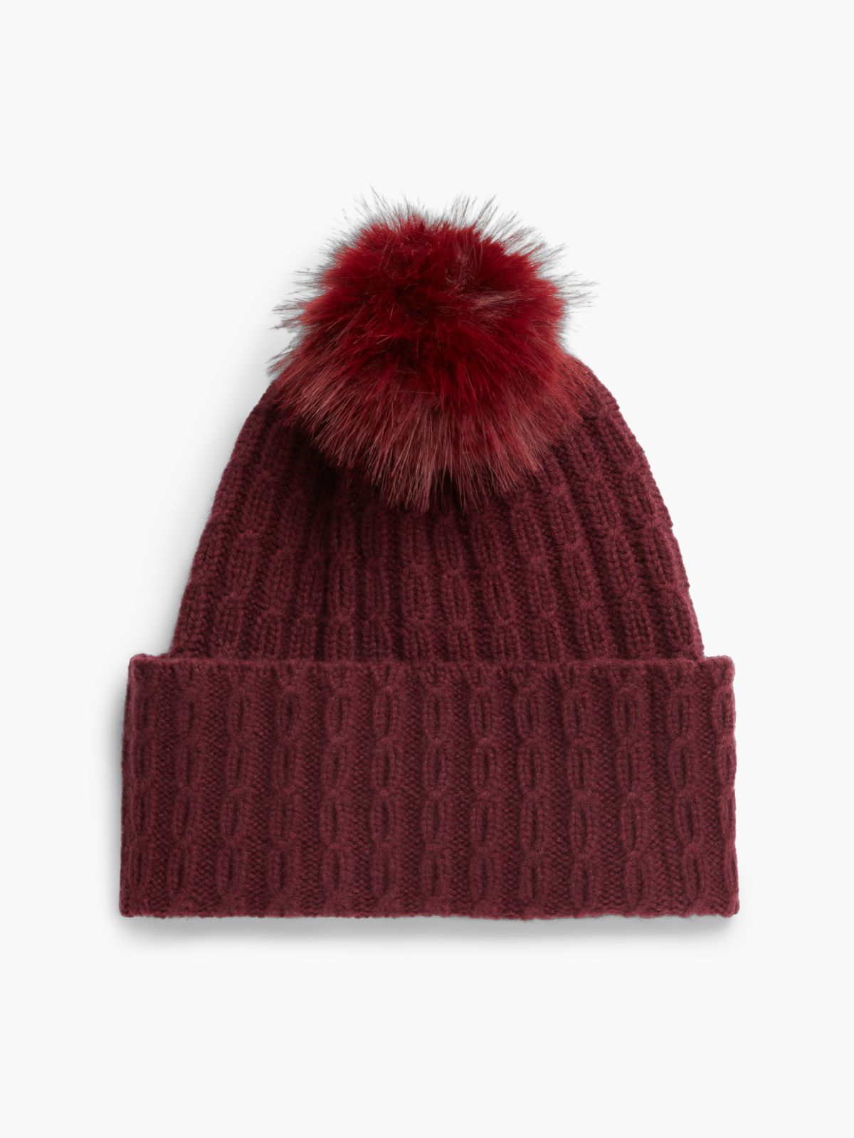 Cable Knit Wool-Blend Pom Beanie — Deep Burgundy