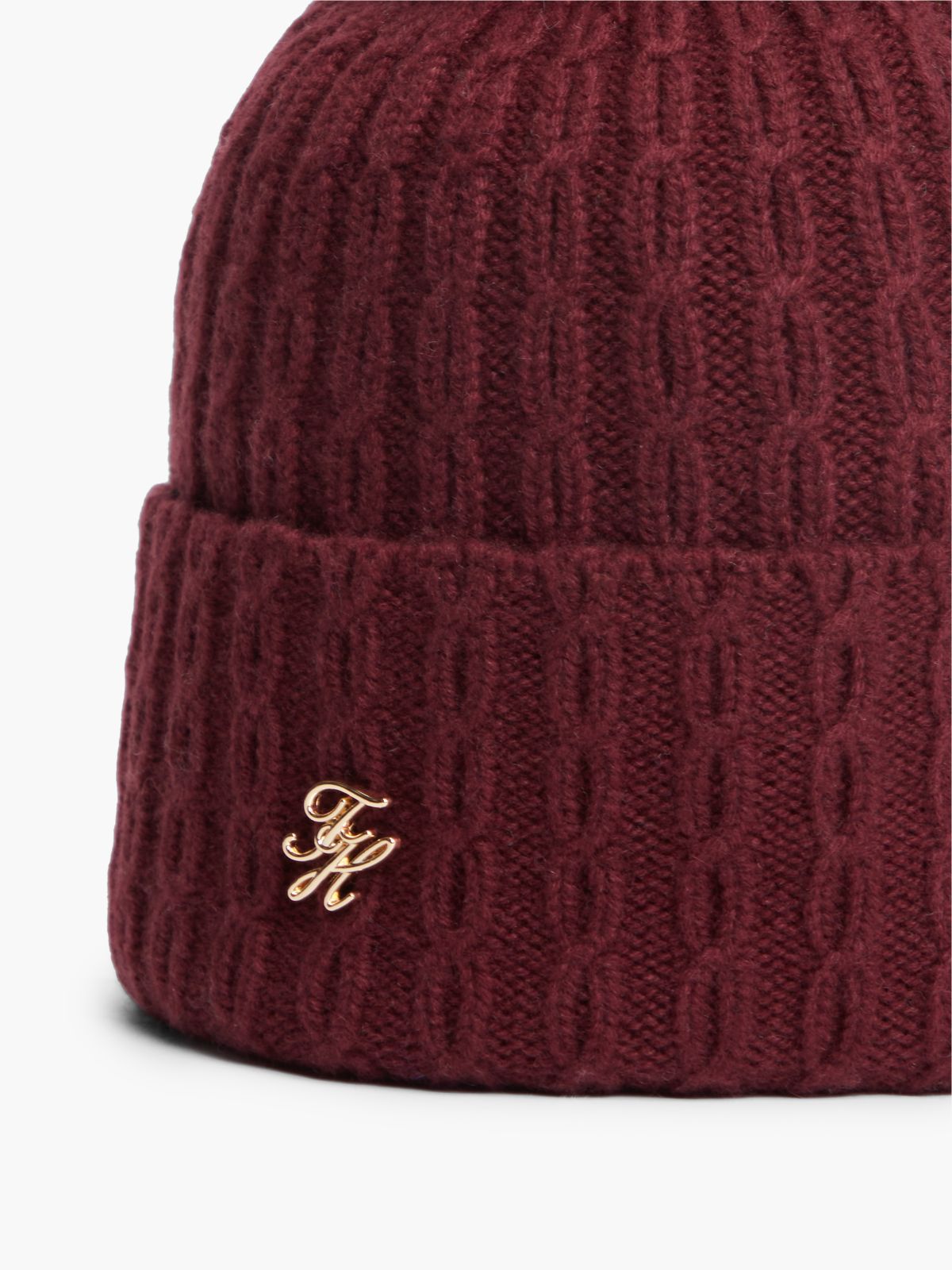 Cable Knit Wool-Blend Pom Beanie — Deep Burgundy