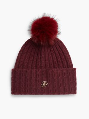 Cable Knit Wool-Blend Pom Beanie, Deep Burgundy