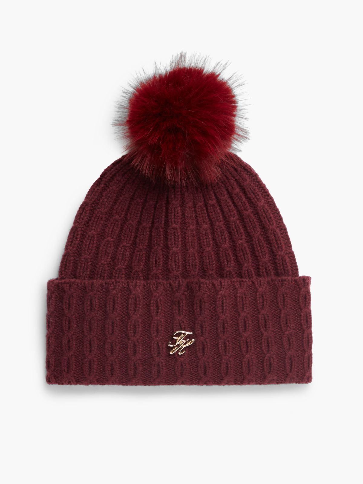 Cable Knit Wool-Blend Pom Beanie — Deep Burgundy
