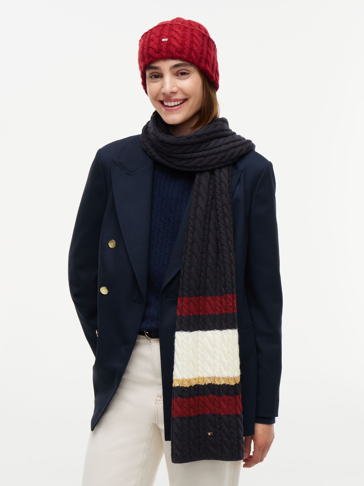 Striped Cable Knit Scarf — Space Blue